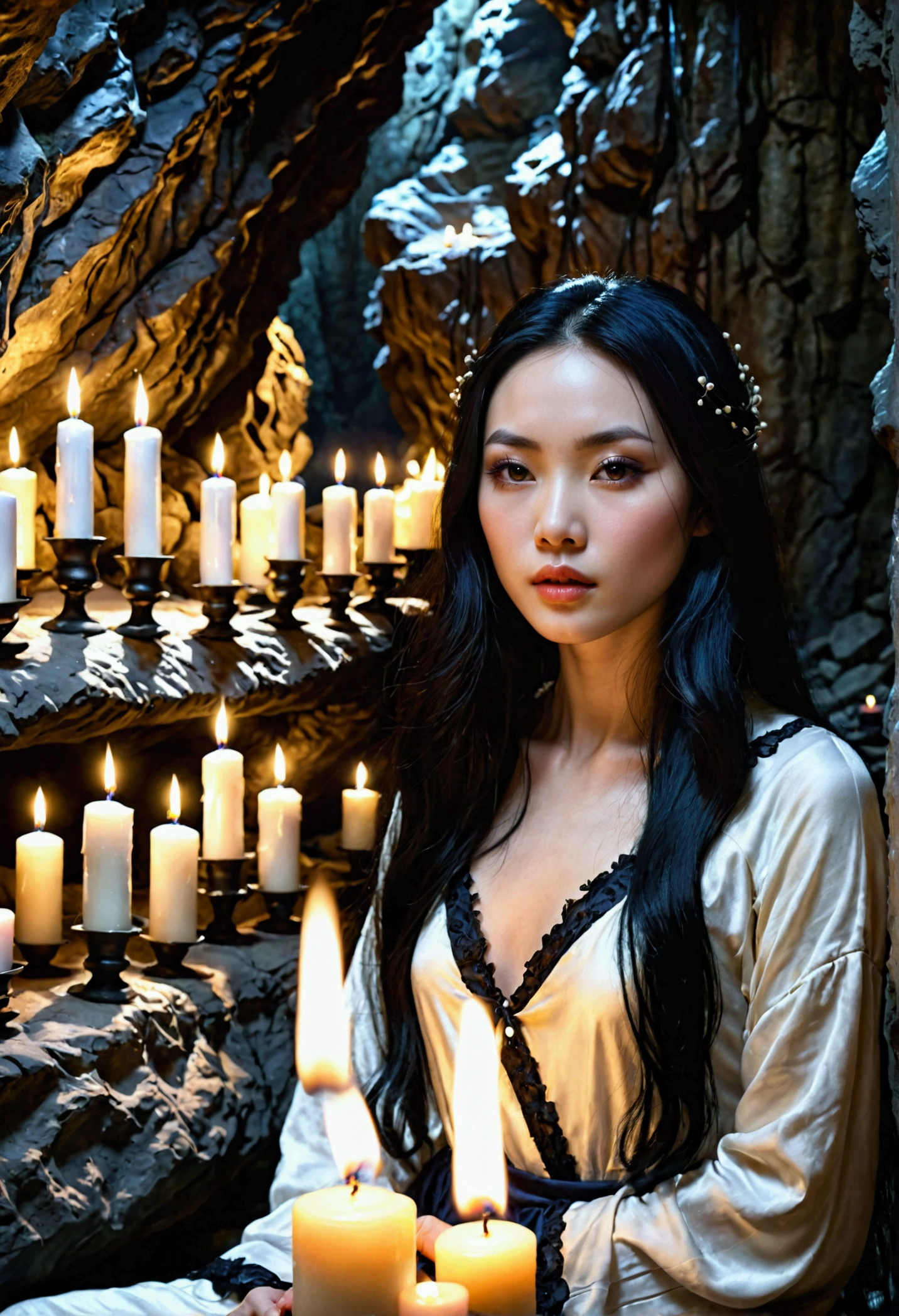 (photorealism:1.2), beautiful Asian girl with long black hair, pale skin, full lips and dark eyes with long eyelashes wearing European-Victorian sleepwear surrounded by lit candles in a dark cave.