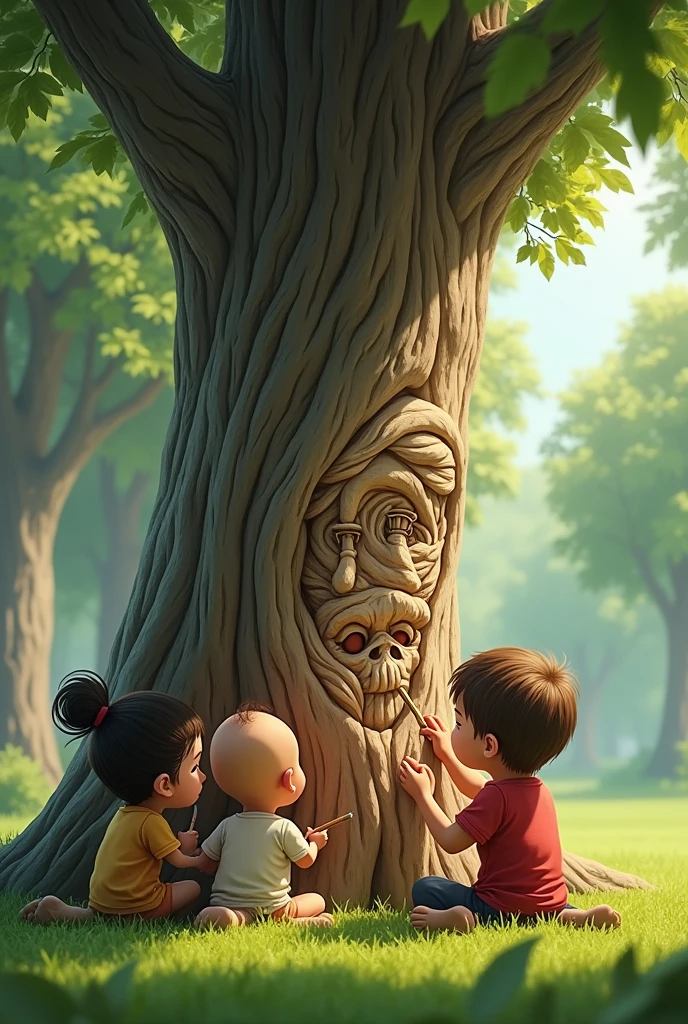 Little children sitting on the grass in a park carving a piece of art into a tree trunk, la sculpture est magnifique