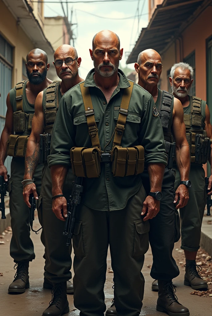 An advertising image of a commando group, composed of seven men who must be different from each other, and with the following characteristics: 

a bald man, barba canosa, 50 years old, athletic body, who is the boss and therefore goes in the center.  

A very tall man, athletic and with a pessimistic face.  a thin man, dressed as a drug dealer.  

a dwarf man of about 40 years old, Very bad. a very wrinkled man, something fat and with a cell phone. 

A very thin white man with a communications radio.  

A fat black man with a frying pan and lots of glasses in one hand. 

A very thin and tall man with a hungry face.  

a fat man with glasses.  

There must be a dwarf.

They are all armed.  

And at the top it says LOS FRIOS, and below it says: Dark Intelligence Front... 

The background is a poor Latin American city
