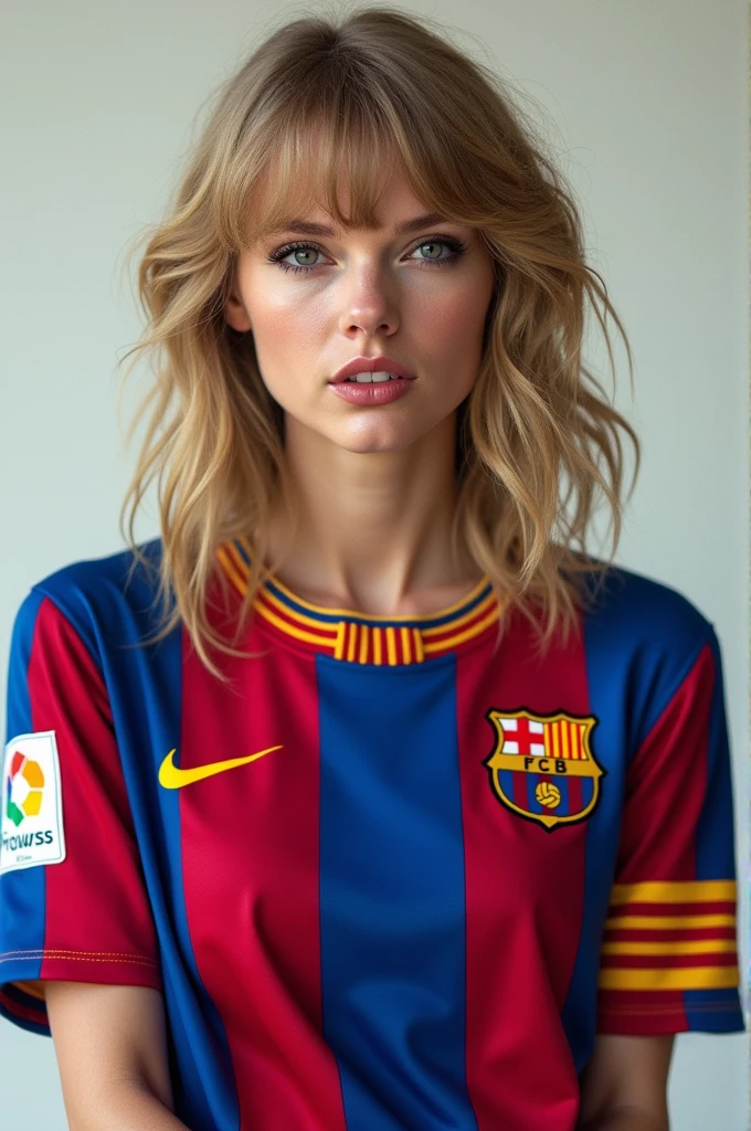 Make a picture of Taylor Swift wearing the Barca shirt