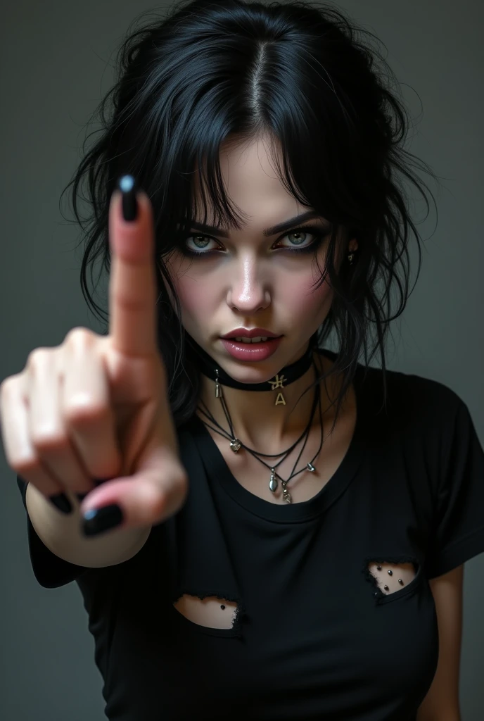 One woman 25 years emo and showing middle finger to up (fuck you) of the camera