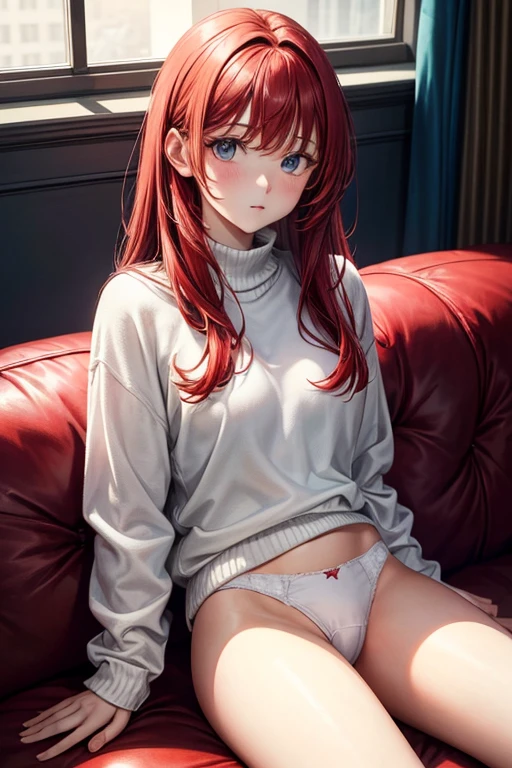 A girl,Red hair, White sweater, without pants ,white underwear,closed legs, sitting on a sofa