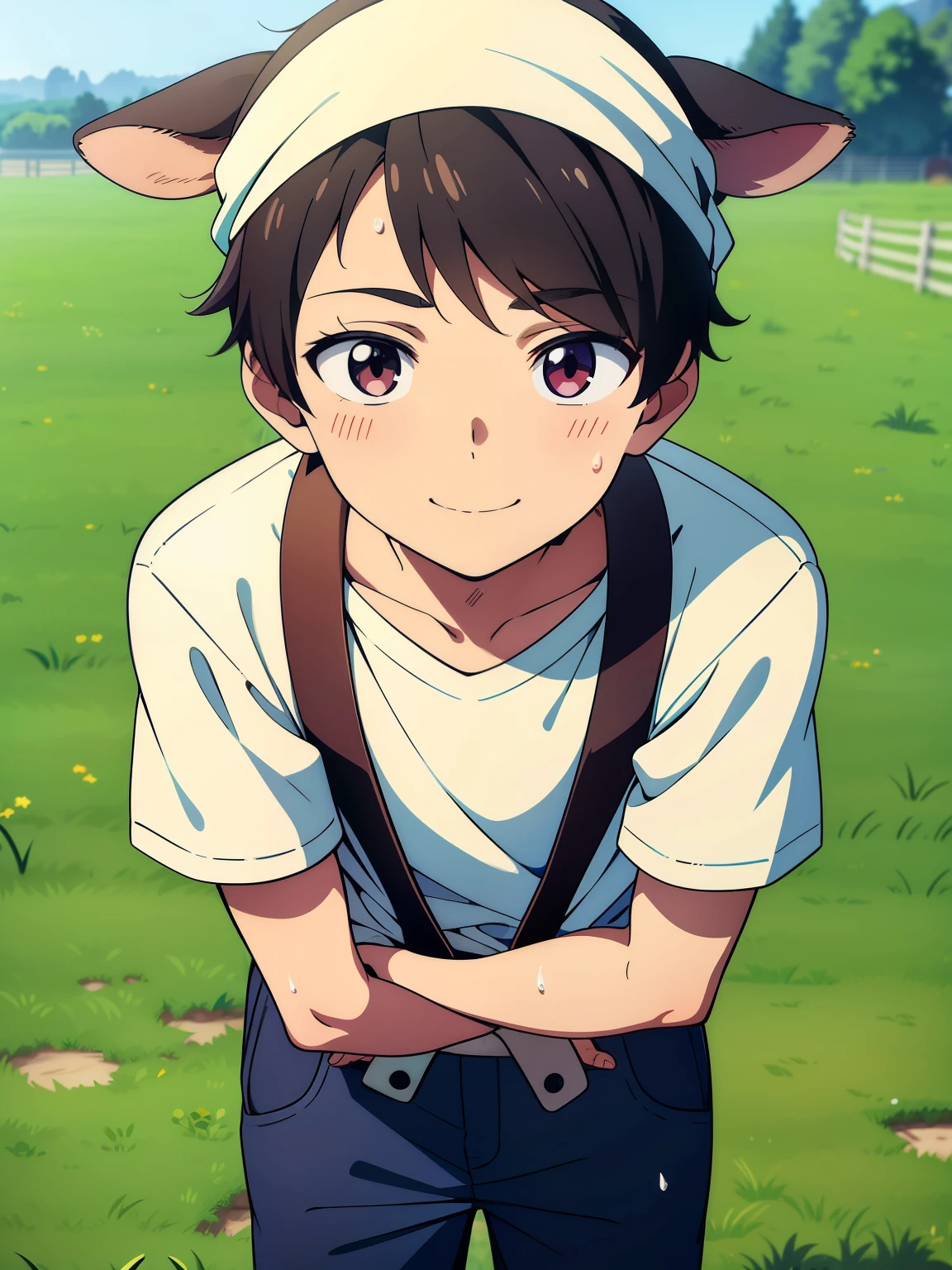 Highres, Masterpiece, Best quality at best,Best Quality,hight quality, hight detailed, Anime style, 1boy, a young farmer, bandana, simple clothes, was in the cow pen, cuddle, pretty face, Shota, young boy, -yeld, haome, body,(very young boy), (very small and short body), cow pen beckground, cute boy, Smile, Uhd, bokeh, sweat
