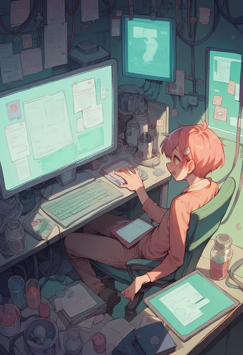 I want you to show me a computer in which Excel is being used in a laboratory, mainly pastel pink.