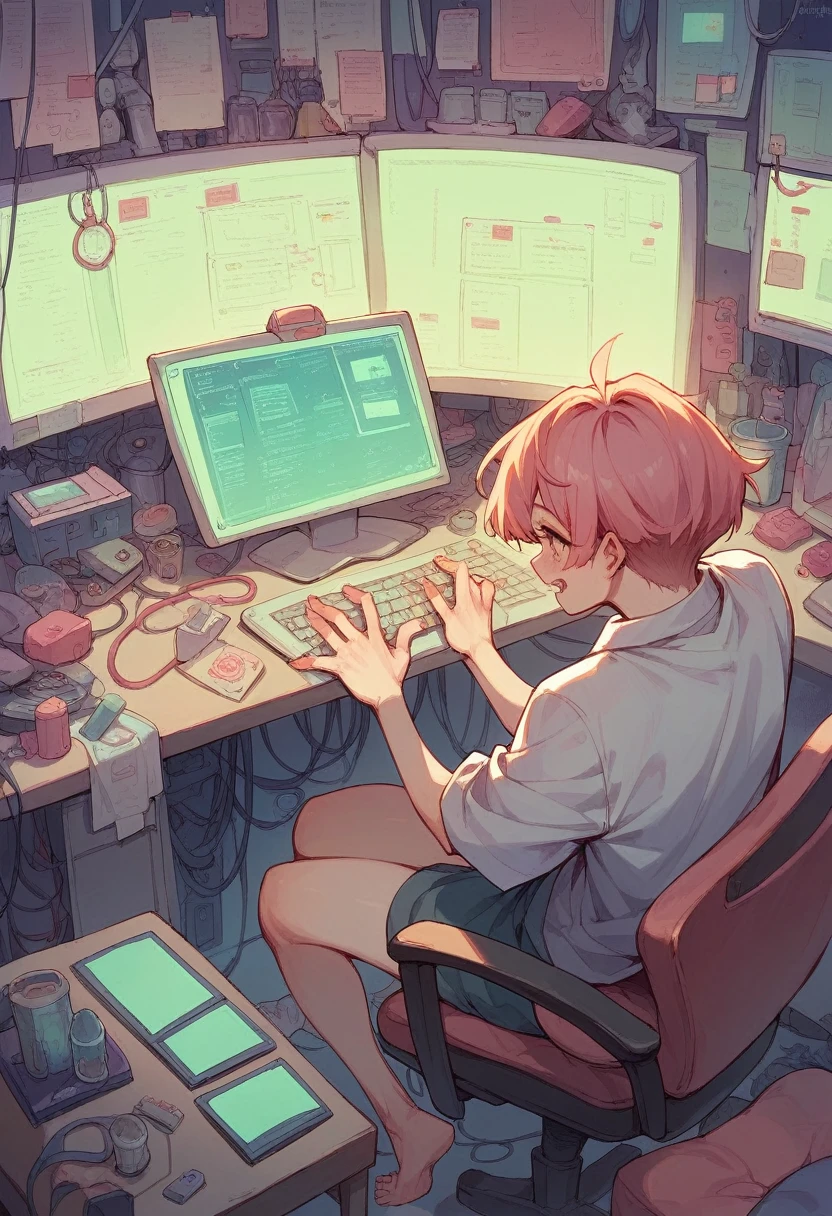 I want you to show me a computer in which Excel is being used in a laboratory, mainly pastel pink.