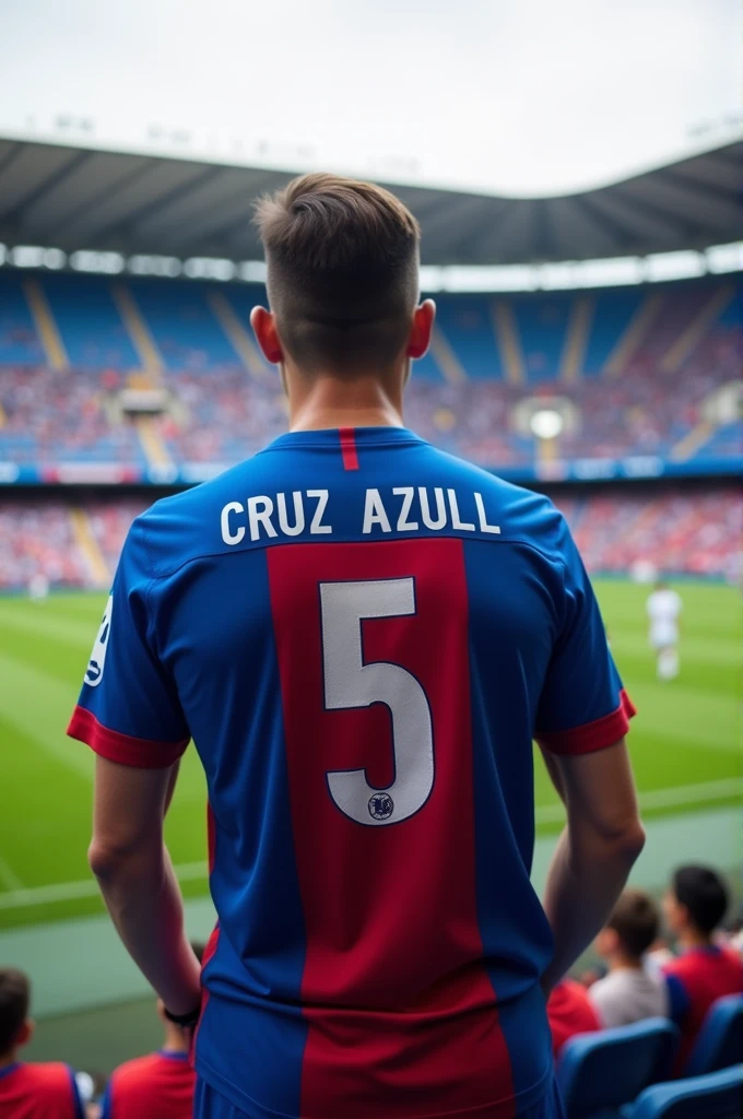 A 5 fan seen from the front wearing his Cruz Azul shirt at a football stadium