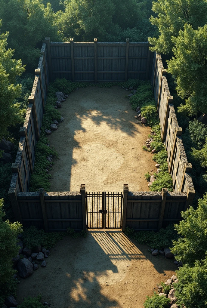 A rectangular area of open space in the wild is fenced with iron sheets. There is an iron gate in the front. Top view.