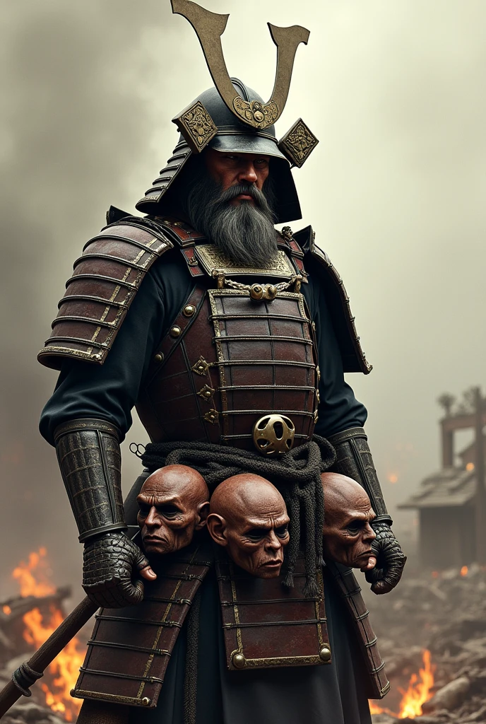 Create a realistic samurai using a Kabuto with heads hanging from his waist