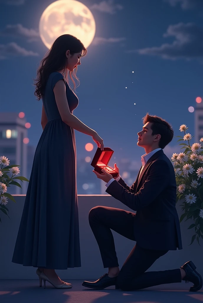 A moonlit rooftop, a gentle breeze carrying the scent of jasmine. A man, dressed in a tailored suit, kneels before his beloved. In his hand, a velvet box gleams. His eyes, filled with adoration, meet hers. As he opens the box, revealing a stunning diamond ring, he whispers, "Will you make me the luckiest man in the world and marry me?"