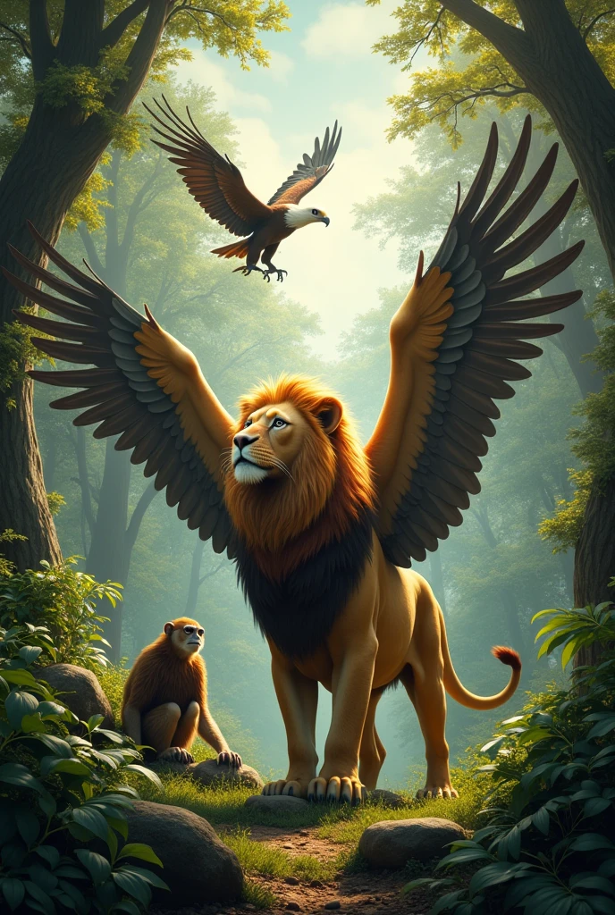 "A realistic, high-definition CD cover image featuring a majestic winged lion, an eagle flying high and a curious monkey, all in a dense, vibrant forest. The lion in the foreground. An eagle soars in the air with its wings fully spread, while the monkey is admiring the landscape on a branch, watching the scene. Lush green leaves and towering trees create a natural setting, framing the animals without compromising the details of the scene. each of them captures the textures of the lion, the eagle&#39;s feathers and the monkey&#39;s expressive features, all in contrast with the rich foliage of the forest, making it an engaging and dynamic scene."