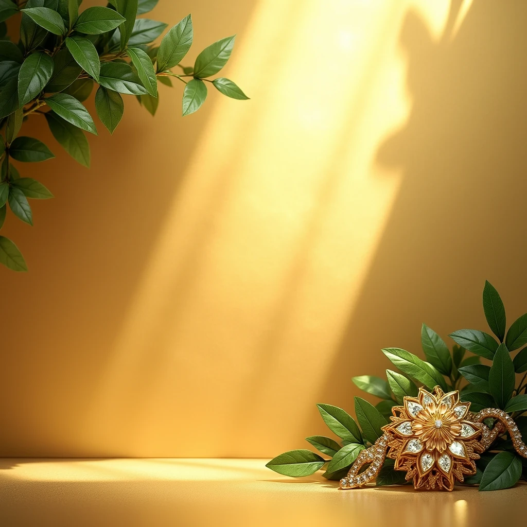 "Create a luxurious background with a soft, golden texture that exudes elegance. In the upper left corner, position a cluster of lush, green leaves. In the bottom right corner, add more green leaves intertwined with shimmering crystals. The overall scene should be realistic and well-lit, emphasizing the opulence and making it an ideal backdrop for displaying jewelry."