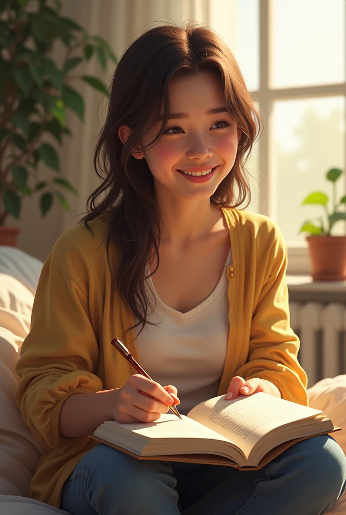 Image of a person writing in a diary with a smile on their face.