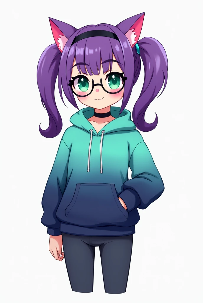 A single cartoon-style character with the following characteristics: light skin tone, long purple hair styled in two high pigtails with bangs. The character is wearing a teal and dark blue gradient hoodie with a front pocket and long sleeves, along with dark pants. The character has large green eyes, is wearing round glasses with black frames, and has pink cat ears on a headband. The character also wears a choker around the neck. The overall appearance is playful and stylish, with a youthful and vibrant aesthetic. The character should be centered in the image, with no duplicates.