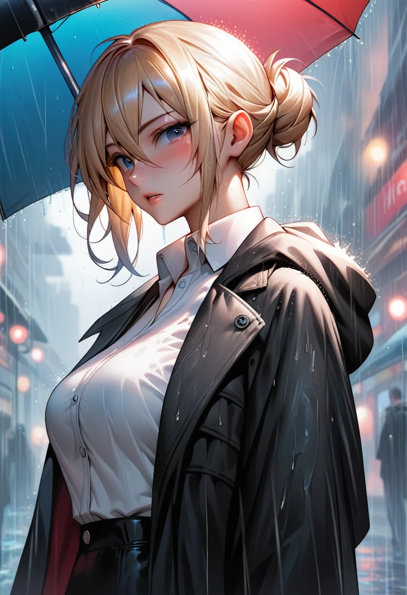 masterpiece, best quality, RAR, 1girl, solo, breasts, looking at viewer, blush, blue eyes, shirt, large breasts, blonde hair, hair between eyes, jacket, white shirt, upper body, sidelocks, outdoors, parted lips, collared shirt, solo focus, hood, hair bun, from side, coat, black jacket, umbrella, hood down, single hair bun, black coat, rain, hooded coat
