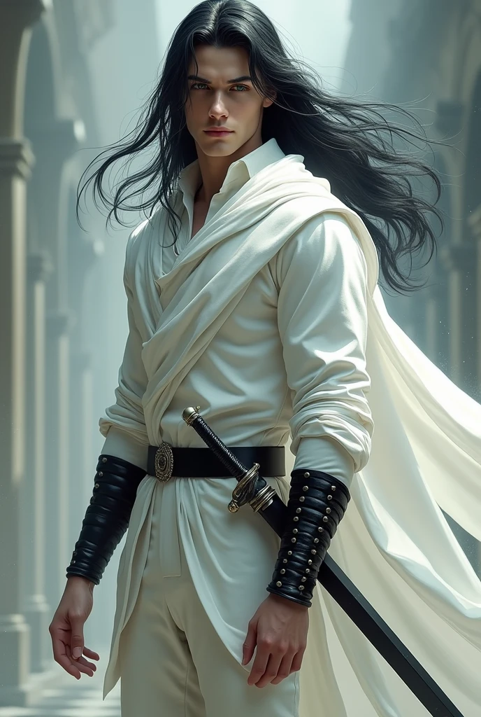 Young white man, 20 years old, muscular, beardless, defined face, green eyes, long straight black hair flying in the wind, white long sleeve shirt, white leather pants, white cloak with buttons, closed from neck to waist, black details on the buttons Black steel boots that extend to the knee Black steel sword with hilt wrapped in white ribbon Black steel armband