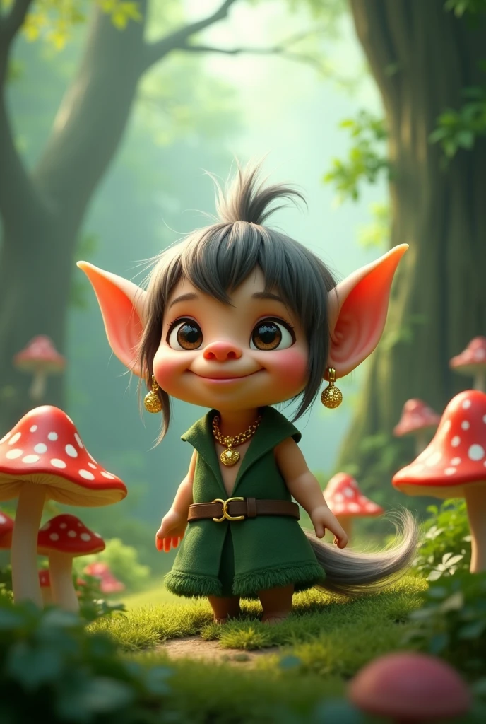 Animated cute brown troll in the forest with gol earings and necklaces, green chlotes an a long tail surronded by mushrooms and fog