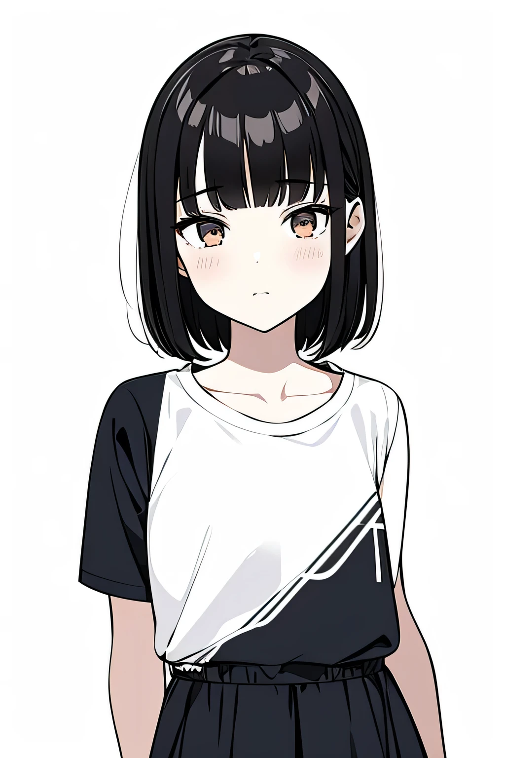 manga, 1girl, medium hair, blunt bangs, casual outfit, white background, smallgirl