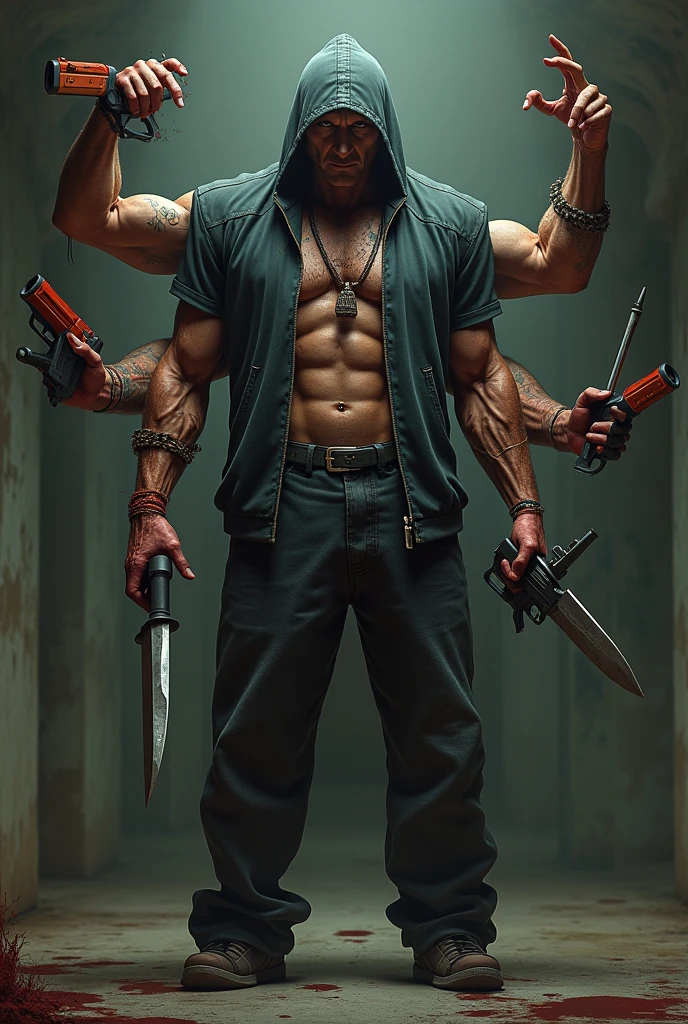 a realistic killer man who has the characteristic of being a multitasker, he has multiple arms and each one has an object and one of those arms has a knife