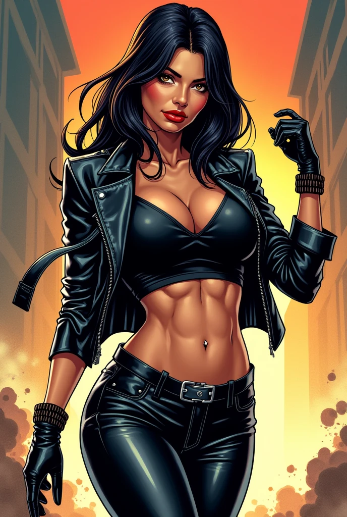 An athletic woman with shoulder-length straight black hair, brown eyes and bold red lipstick. She wears a black leather jacket, Black cropped shirt , black leather pants and black high heels. She has muscular legs, slim waist and lean six-pack abs. Comic style