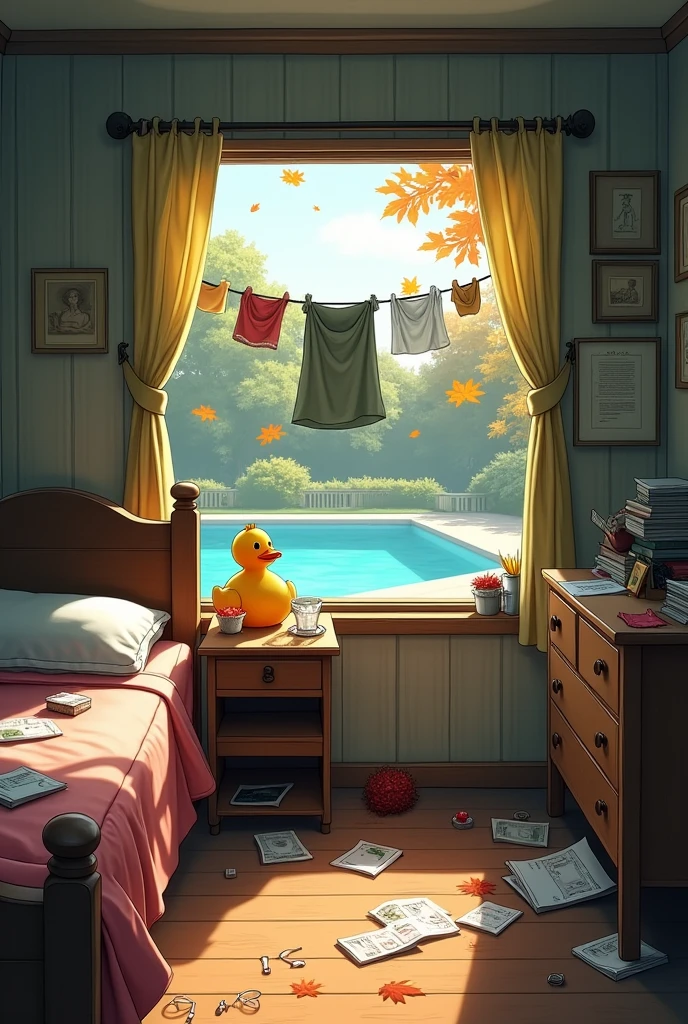 There's a cute simple room , a simple bed which looks realistic and there's a drawer nest to it on which there are some paper lying one sentence which is poking out of papers is unpaid hospital bills and there's a table a white one in the corner of the room on which there's a cute little duck toy and an duck apron next to it , there are some crunches of red velvet cake lying on the wooden floor there a window in the center of the room through which the pool outside is visible and 2 little ducklings . It's autumn season because the leaves are falling and there's a wire above the pool on which wet clothes are hanging. There's are glasses on the wooden floor of the room whose one glass is broken and pieces of the broken glass are lying next to it and there a little written on this picture which id During June . 