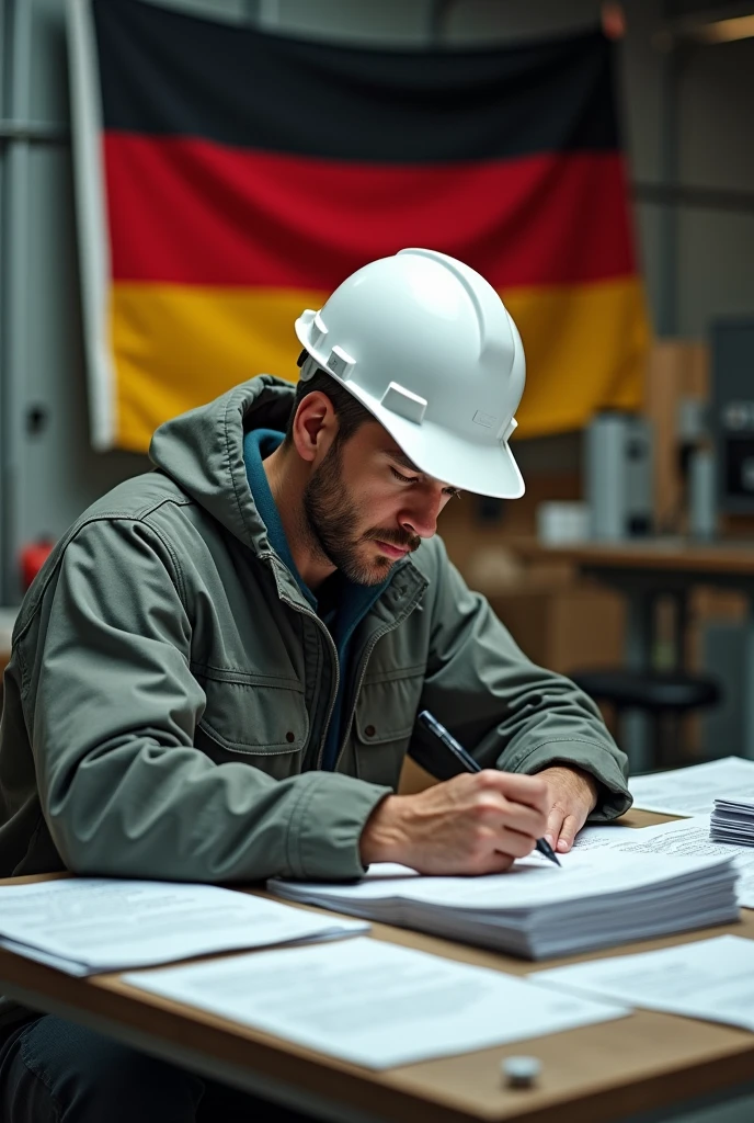 The electrical engineer in the factory is sitting behind the table in work clothes and a helmet, he is seriously working, he is looking down at the paper and the stack of bills, the German flag is behind him, he is looking at the table.