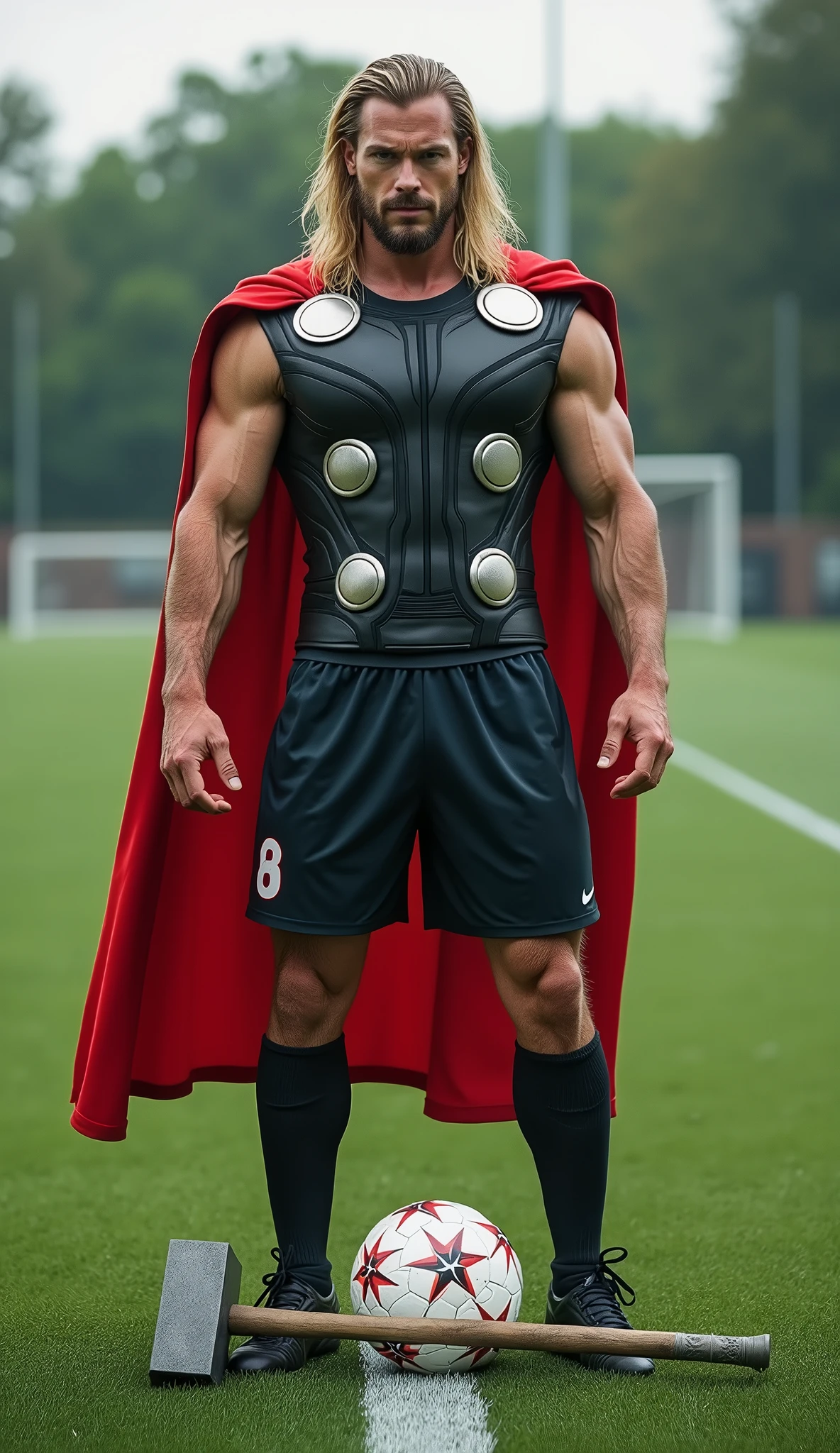 
character THOR, with soccer shorts and boots, stepping on top of the ball, the sledgehammer is next to him thrown to the ground. His face has to be true to the Marvel character. Image closer to the camera with maximum detail and high definition, HD, Realistic. Background theme a soccer field