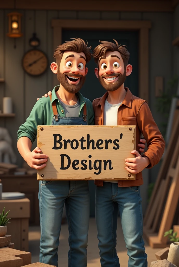 Two brothers holding a wooden sign saying Brothers&#39;s Design