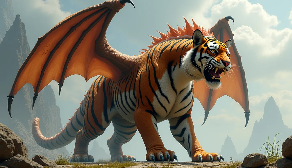 gigantic tiger, with dragon wings, scales on the skin,realistic,photo