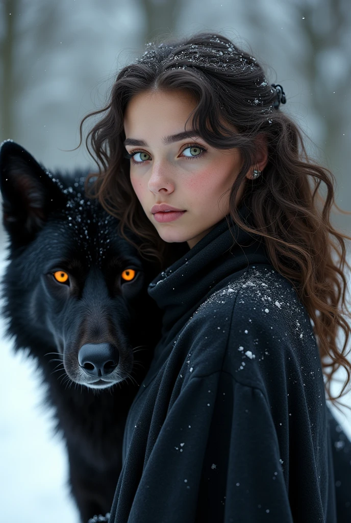 high resolution, masterpiece : 1,2), (realistic : 1,37), (best quality, high resolution, ultra-detailed girl, realistic) Fille aux yeux marrons verts (noisettes) and very dark brown, wavy, almost curly hair falling over her shoulders with mixed-race skin. Elle se tient à côté d'un loup noir aux yeux oranges dans un endroit enneigé. Sa peau est métis. Elle ne sourit pas mais est très belle.