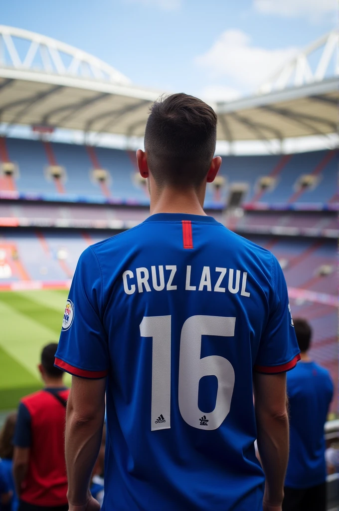 A 5 man seen from the front wearing his Cruz Azul shirt in a football stadium