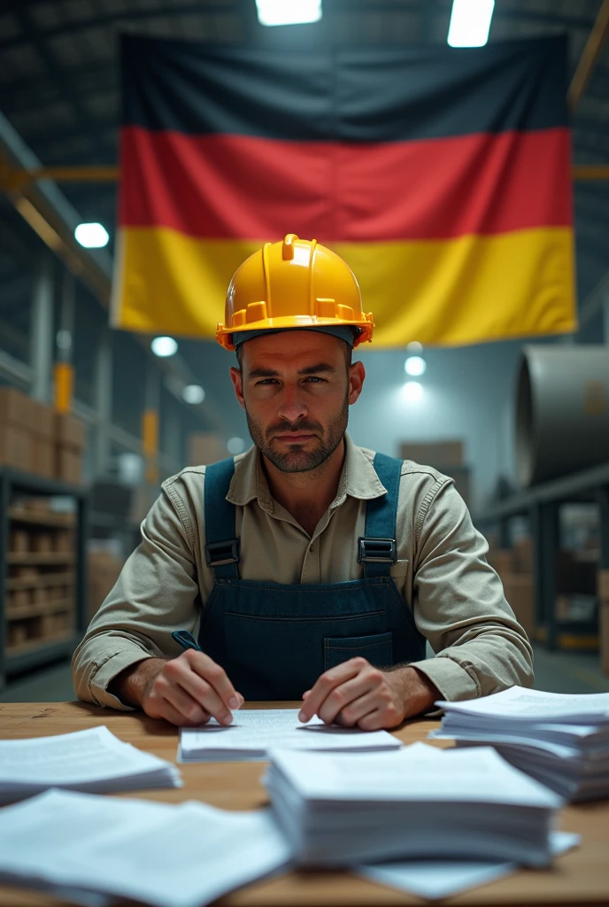 The electrical engineer in the factory is sitting behind the table in work clothes and a helmet, he is seriously working, he is looking down at the paper and the stack of bills, the German flag is behind him, he is looking at the table.