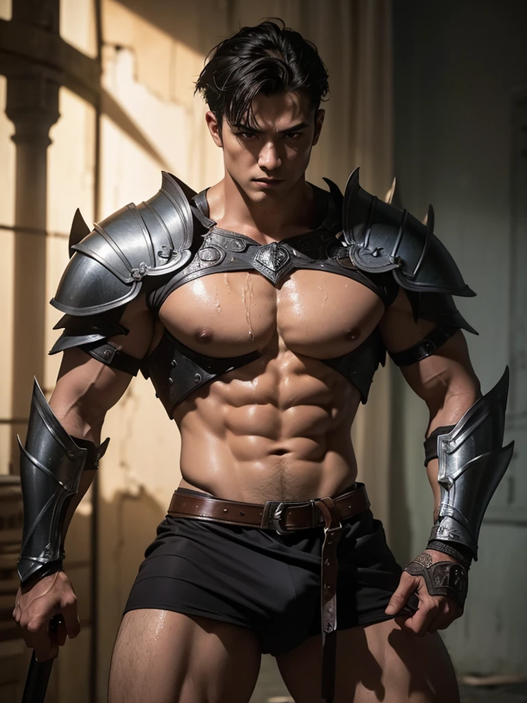 (best quality, masterpiece, ultra high detailed:1.2), Mighty gladiator, clad in armour, chest uncovered, perfect body, large chest, extremely large pectorals, big nipples, well-defined abs, lower body revealed from thighs to feet, short hair, sexy gaze, looking at the viewers romantically, beautiful, gorgeous, wet, sweat, cum on chest, Background: cum all around the place, handsome male, detailed black eyes, sexualized, erotic, homoerotic, underwear, sword in hand, battle ready, battle stance, cinematic lighting, cinematic shadows, full body, fill frame, highly detailed, intricate details, photorealistic, sharp focus