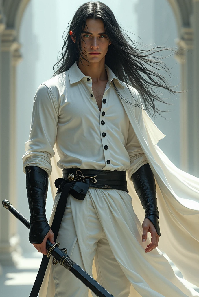 Young white man, 20 years old, muscular, beardless, defined face, green eyes, long straight black hair flying in the wind, white long sleeve shirt, white leather pants, white cloak with buttons, closed from neck to waist, black details on the buttons Black steel boots that extend to the knee Black steel sword with hilt wrapped in white ribbon Black steel armband