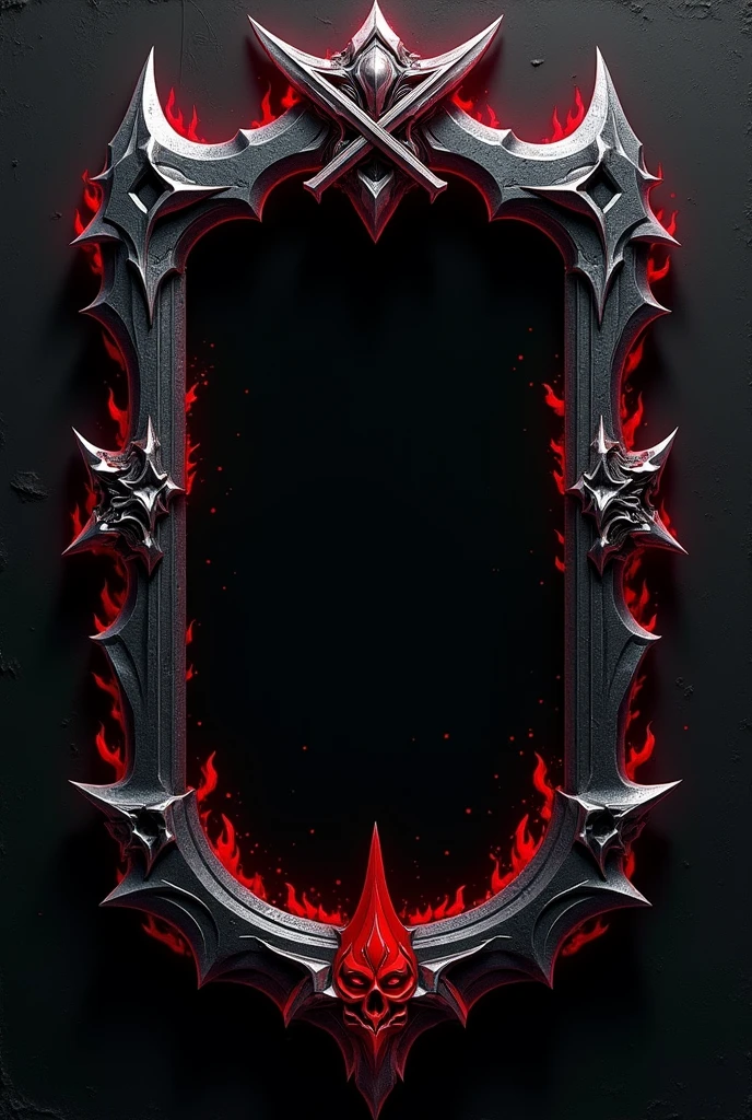 Crée un cadre décoratif en forme de sabre, avec des bords aigus et dynamiques. Utilise une palette de couleurs sombres, principalement noir et gris métallique, avec des accents de rouge vif pour ajouter une touche de danger. Le design doit comporter des motifs de lames croisées ou des symboles de guerre intégrés dans le cadre. Assure-toi que le style soit inspiré des illustrations de bandes dessinées, avec des lignes nettes et des ombres profondes pour donner du relief.