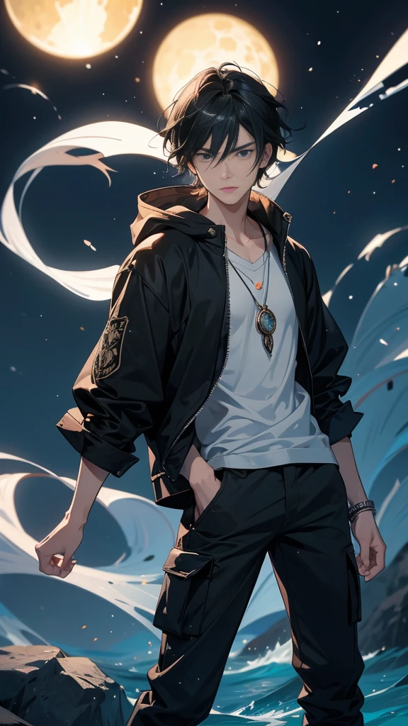 Create an anime-style male character named Akira Yamada. He has medium-length black hair with streaks of silver that hint at his mysterious nature. His deep blue eyes resemble the ocean at night, and he bears a slight scar on his left cheek. Akira is around 5'10" with a lean, athletic build. He wears a dark hoodie with a high collar, black cargo pants, and combat boots. Around his neck, he has a pendant with an ancient symbol. Akira is portrayed as a loner, quiet and reserved, with an intelligent and strategic demeanor. He has a strong sense of justice, preferring to work from the shadows. The background should reflect his past as a former elite warrior protecting the balance between the human world and the supernatural realm, now a vigilante seeking the truth after a tragic event.