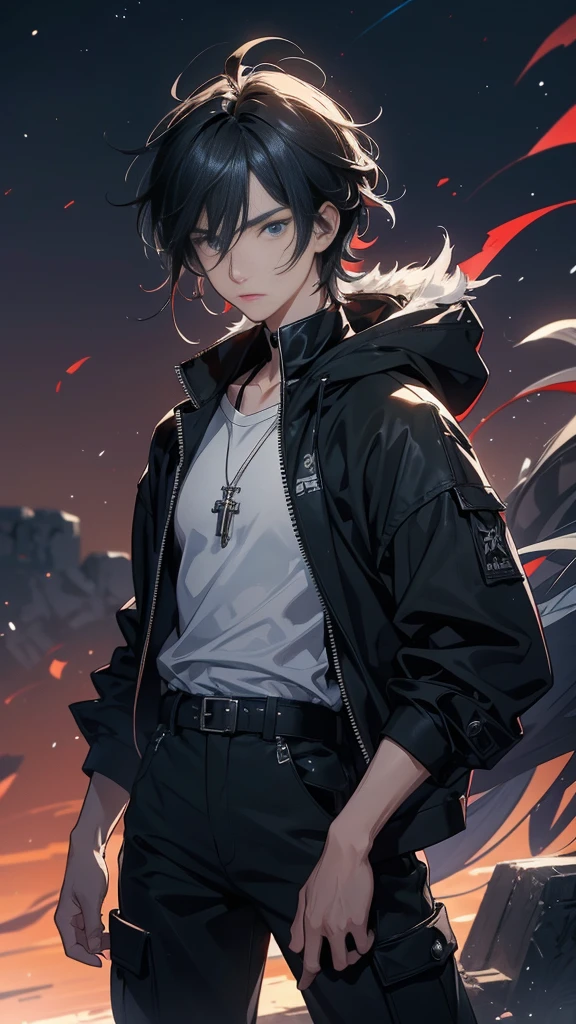 Create an anime-style male character named Akira Yamada. He has medium-length black hair with streaks of silver that hint at his mysterious nature. His deep blue eyes resemble the ocean at night, and he bears a slight scar on his left cheek. Akira is around 5'10" with a lean, athletic build. He wears a dark hoodie with a high collar, black cargo pants, and combat boots. Around his neck, he has a pendant with an ancient symbol. Akira is portrayed as a loner, quiet and reserved, with an intelligent and strategic demeanor. He has a strong sense of justice, preferring to work from the shadows. The background should reflect his past as a former elite warrior protecting the balance between the human world and the supernatural realm, now a vigilante seeking the truth after a tragic event.