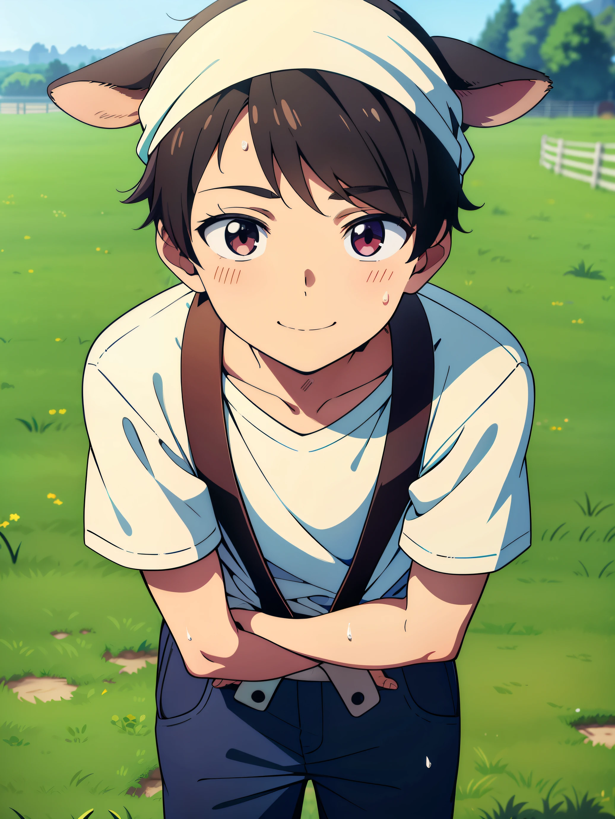 Highres, Masterpiece, Best quality at best,Best Quality,hight quality, hight detailed, Anime style, 1boy, a young farmer, bandana, simple clothes, was in the cow pen, cuddle, pretty face, Shota, young boy, 15-years-old, handsome, body,(very young boy), (very small and short body), cow pen beckground, cute boy, Smile, Uhd, bokeh, sweat
