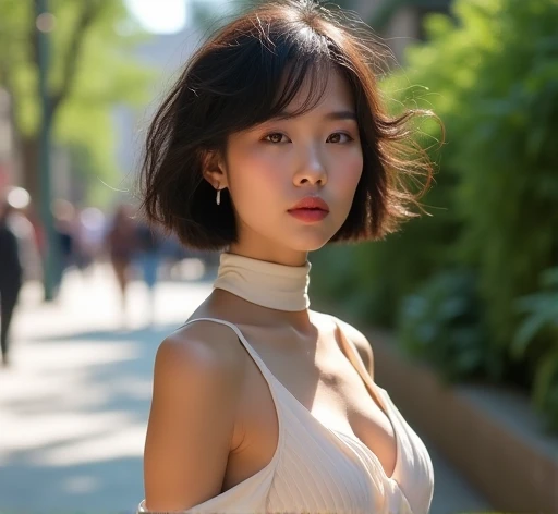 best quality, 1girl, (skindentation), (huge breast:1.2), (blur background:0.6), (street:1.2), (people, crowds:1), garden, day, outdoor, (casual yet stylish, elegant cloth, high neck dress:1.5), gorgeous, (bangs, short hair:1.5), (floating hair:1.2), (dynamic pose:1.2), soft lighting, wind, (front light:1.5), makeup,