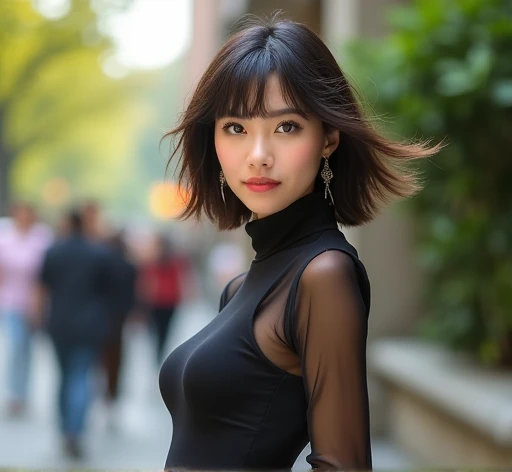 best quality, 1girl, (skindentation), (huge breast:1.2), (blur background:0.6), (street:1.2), (people, crowds:1), garden, day, outdoor, (casual yet stylish, elegant cloth, high neck dress:1.5), gorgeous, (bangs, short hair:1.5), (floating hair:1.2), (dynamic pose:1.2), soft lighting, wind, (front light:1.5), makeup,