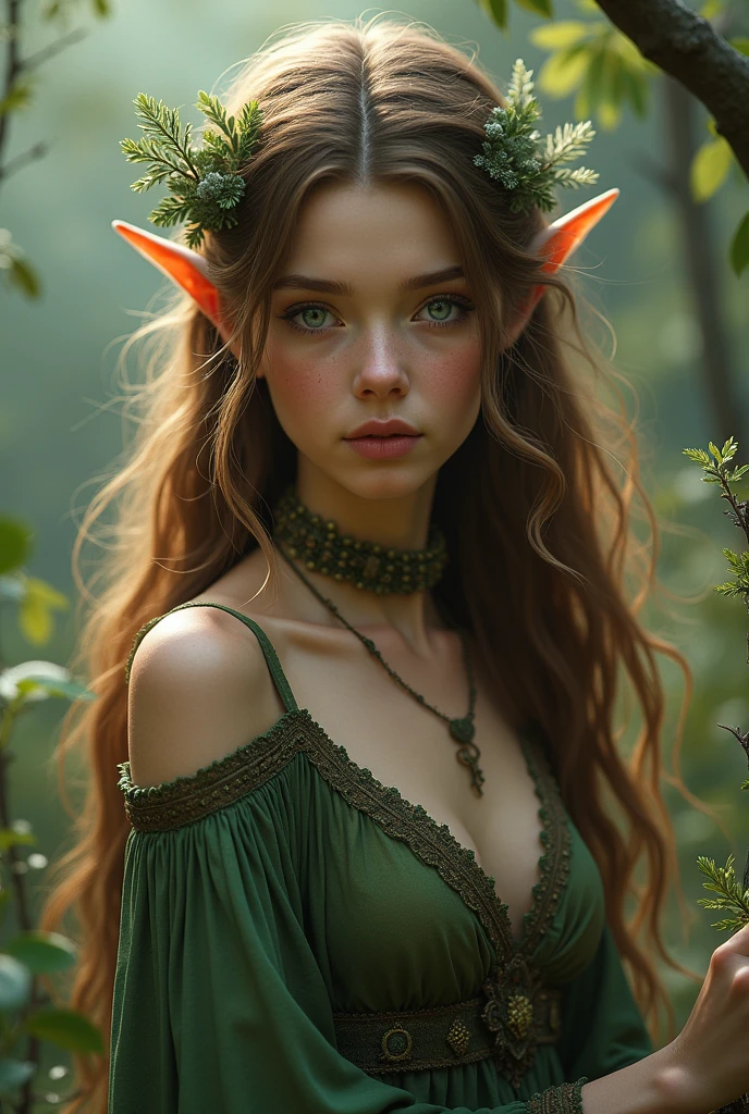 An half-elf, long brown hair, blue eyes, wearing green and brown midi dress, handling a wand