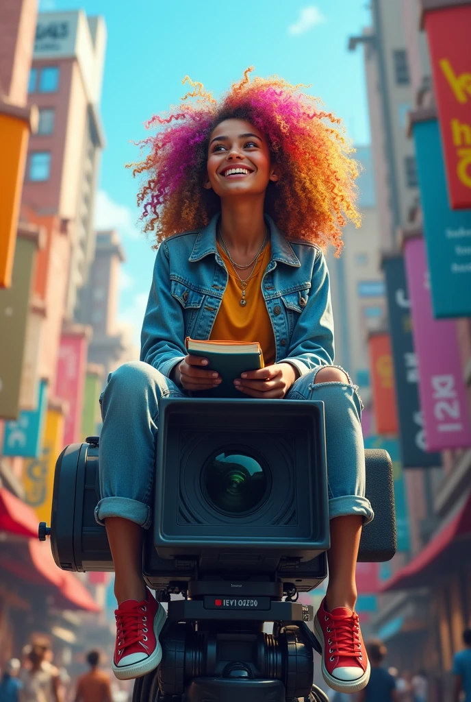 A young woman with colorful curly hair, dressed in a jean jacket, sits nonchalantly on a gigantic video camera in the middle of a vibrant city. With a notebook in hand and a bright smile, she observes the urban life around her, full of energy and creativity, while the colors of the city reflect her artistic spirit.