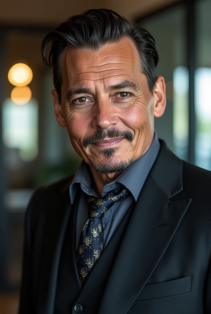 johnny depp with short slicked back hair at 60 years old wearing a suit at an office, smiling, smile, closed smile, aging, wrinkles, old, realistic, realisitic skin texture, good lighting, good coloring .