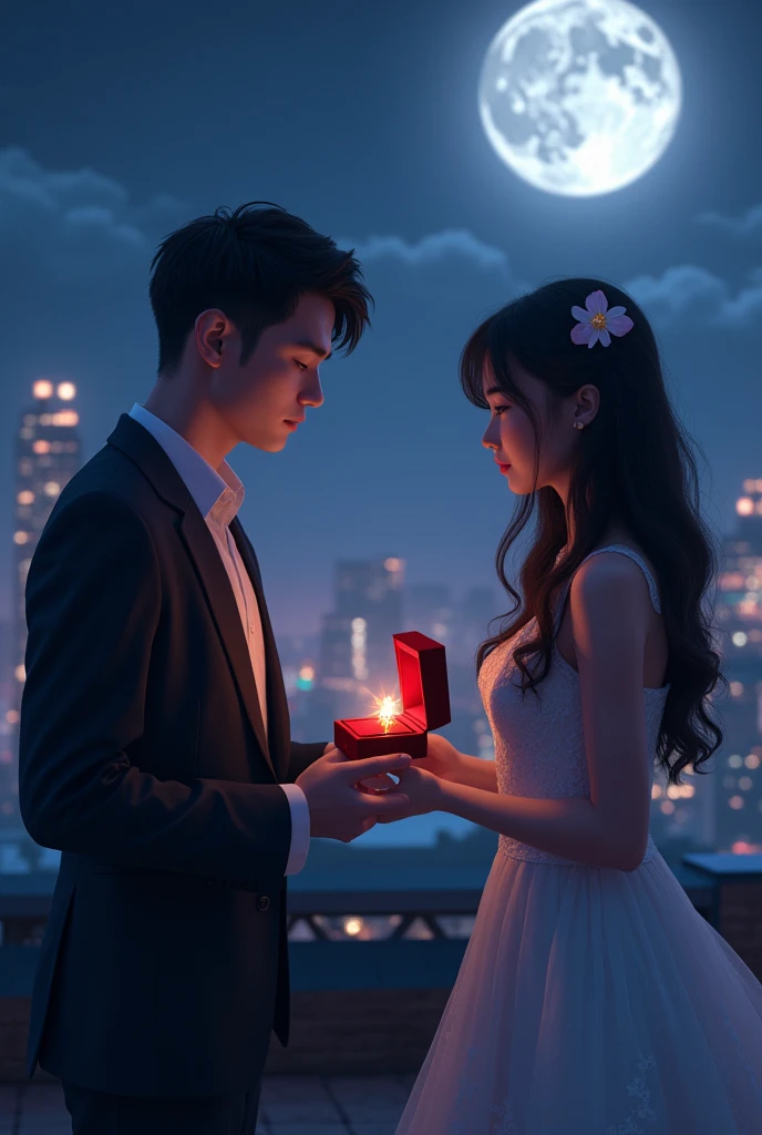 A moonlit rooftop, a gentle breeze carrying the scent of jasmine. A man, dressed in a tailored suit, kneels before his beloved. In his hand, a velvet box gleams. His eyes, filled with adoration, meet hers. As he opens the box, revealing a stunning diamond ring, he whispers, "Will you make me the luckiest man in the world and marry me?"