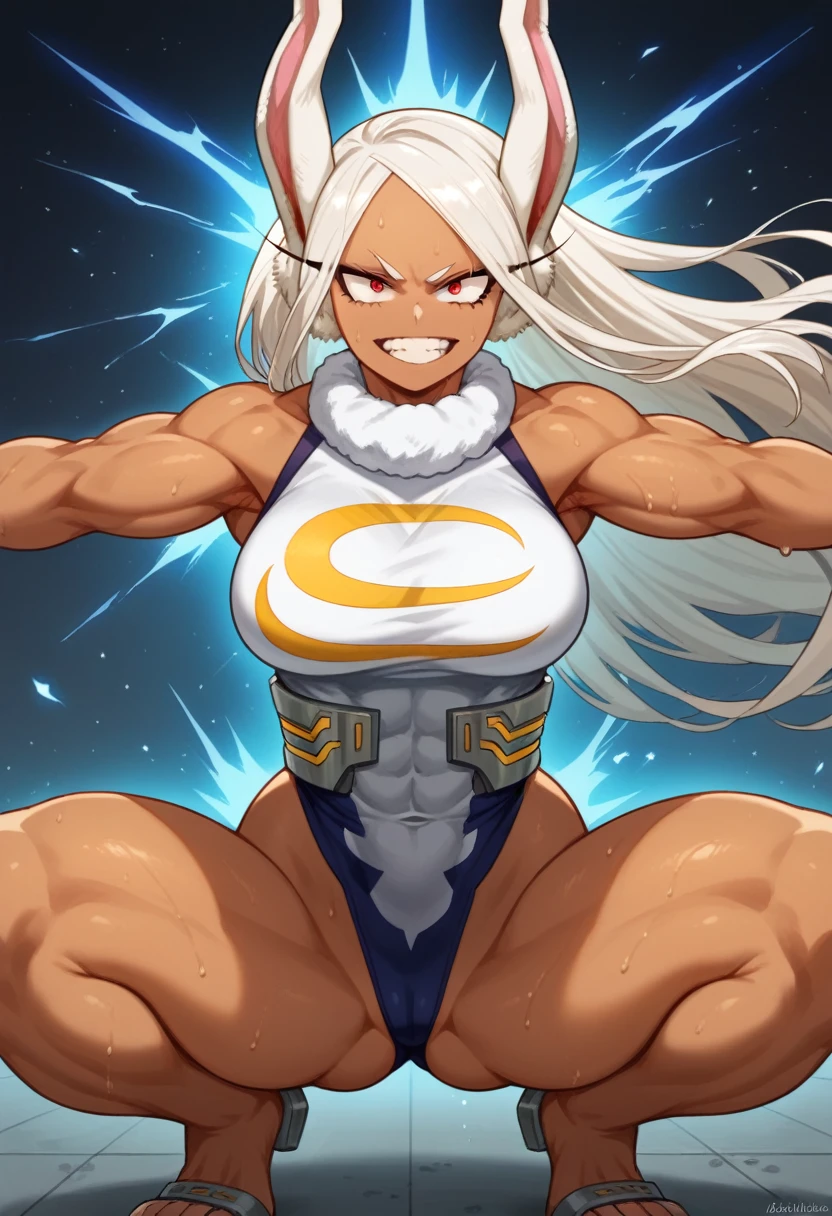 Beast Quálitas, UHD, A captivating illustration of a powerful and curvy female warrior with bronze skin, like mirko from boku no hero academia, ready to unleash her intensity. She has a strong, toned body and muscular, defined legs, and her sweaty, intense demeanor is evident. Her piercing red eyes and long white wild hair with rabbit ears flow in the wind. she crouches, preparing for a powerful jump. The dark background accentuates her vibrant energy, showcasing movement and power. This compelling image is perfect for a poster, illustration, or photo, embodying the spirit of a fierce warrior.