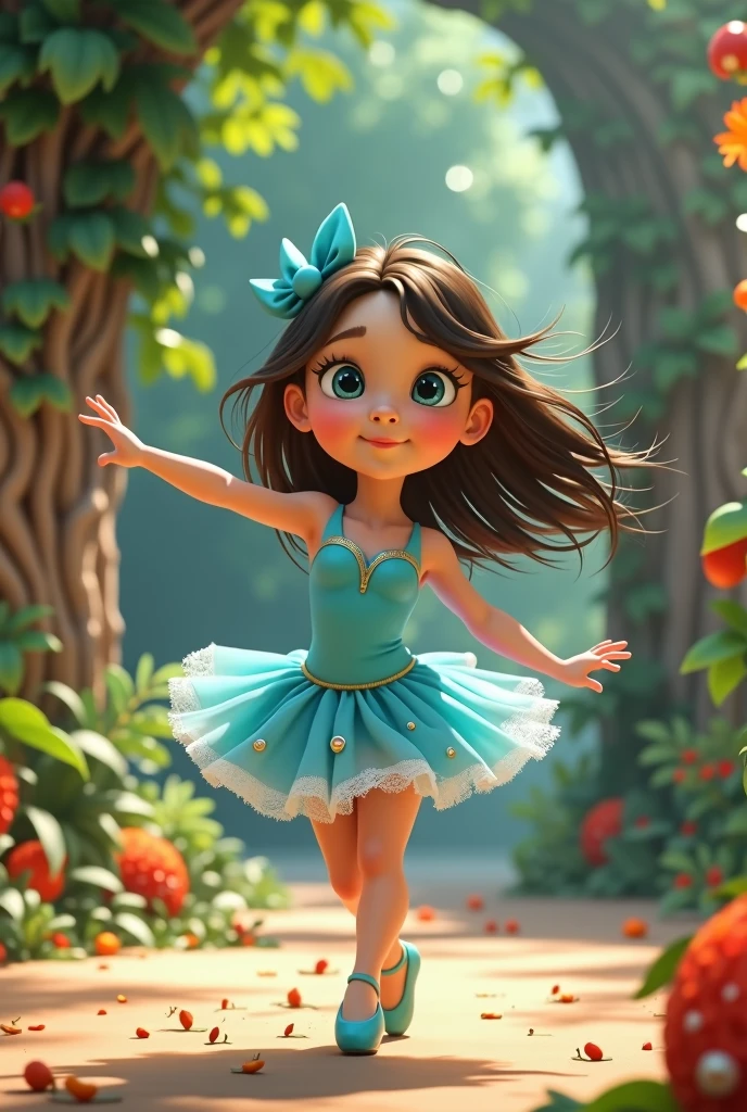 A film inspired by Disney Pixar (YOUNG WHITE GIRL DANCER WITH DARK BROWN HAIR AND TURQUOISE BLUE EYES, wearing turquoise blue ballet outfit) The scene is in the distinctive PIXAR style art, dancing