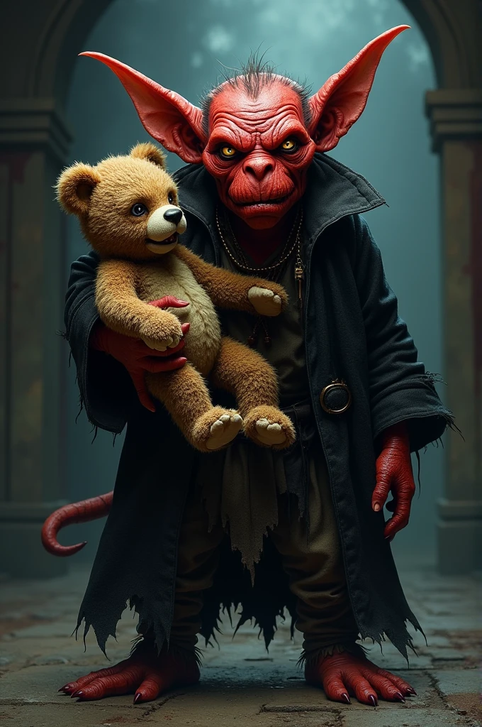 Goblin Warlock, with red Skin, a black coat rugged appearance. The Goblin carries a Teddy bear that is in nada shape