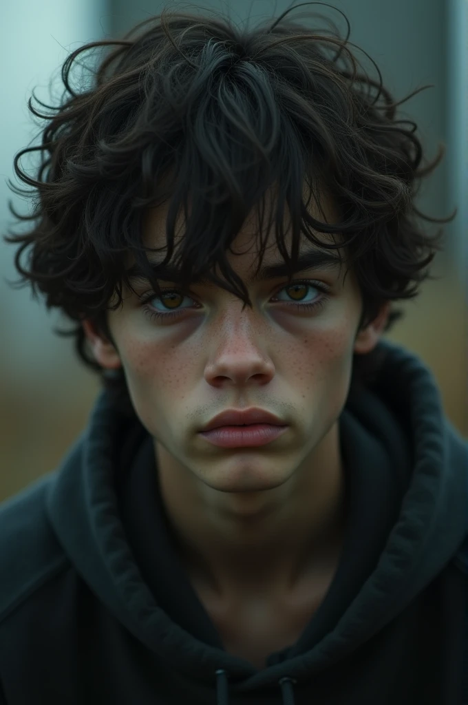 Create an image of a  teenager with a look of revenge and sadness in his eyes , wavy hair and very dark brown eyes,