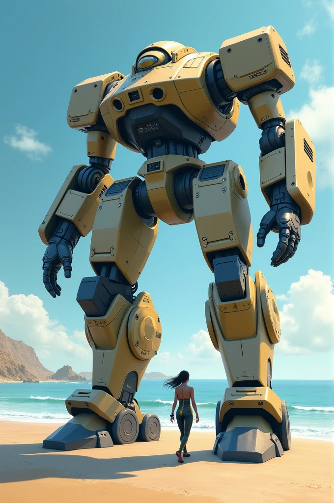 A giant robot piloted by a woman on the beach