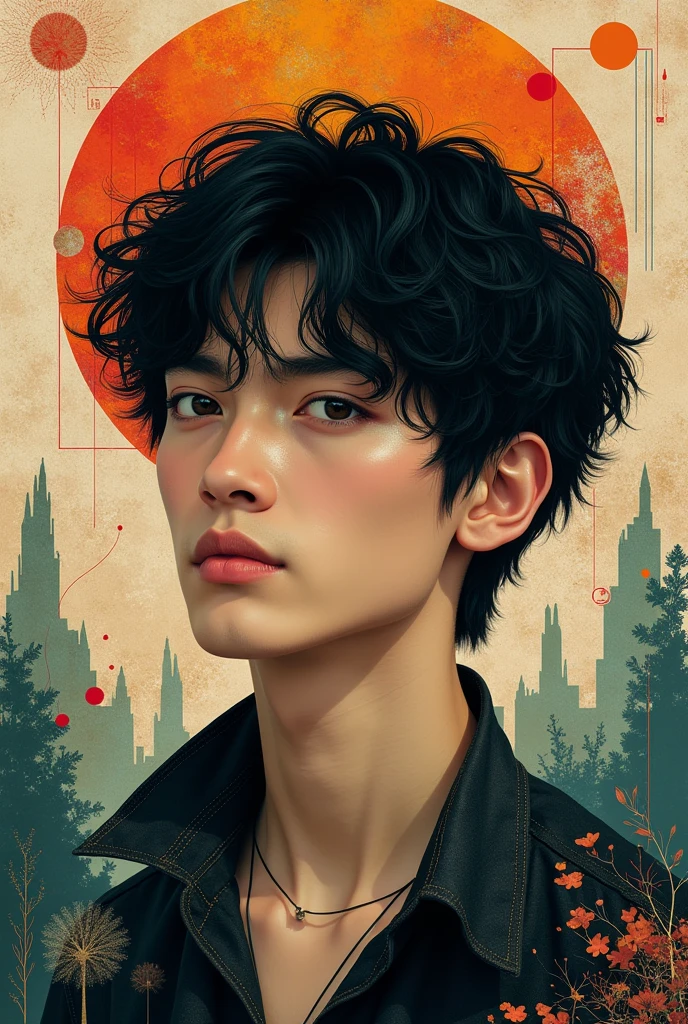 MUSIC ALBUM LAYER, com snome DAVINITY,
 young dark-haired male composer, face only image, with very artistic and unique backgrounds

