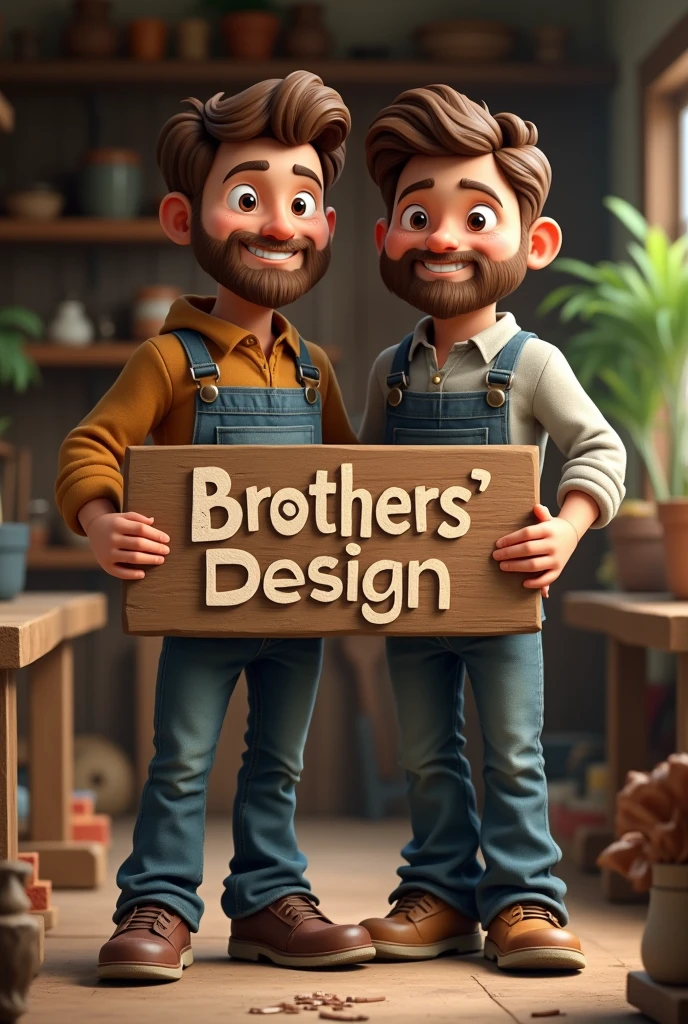 Two brothers holding a wooden sign saying Brothers's Design